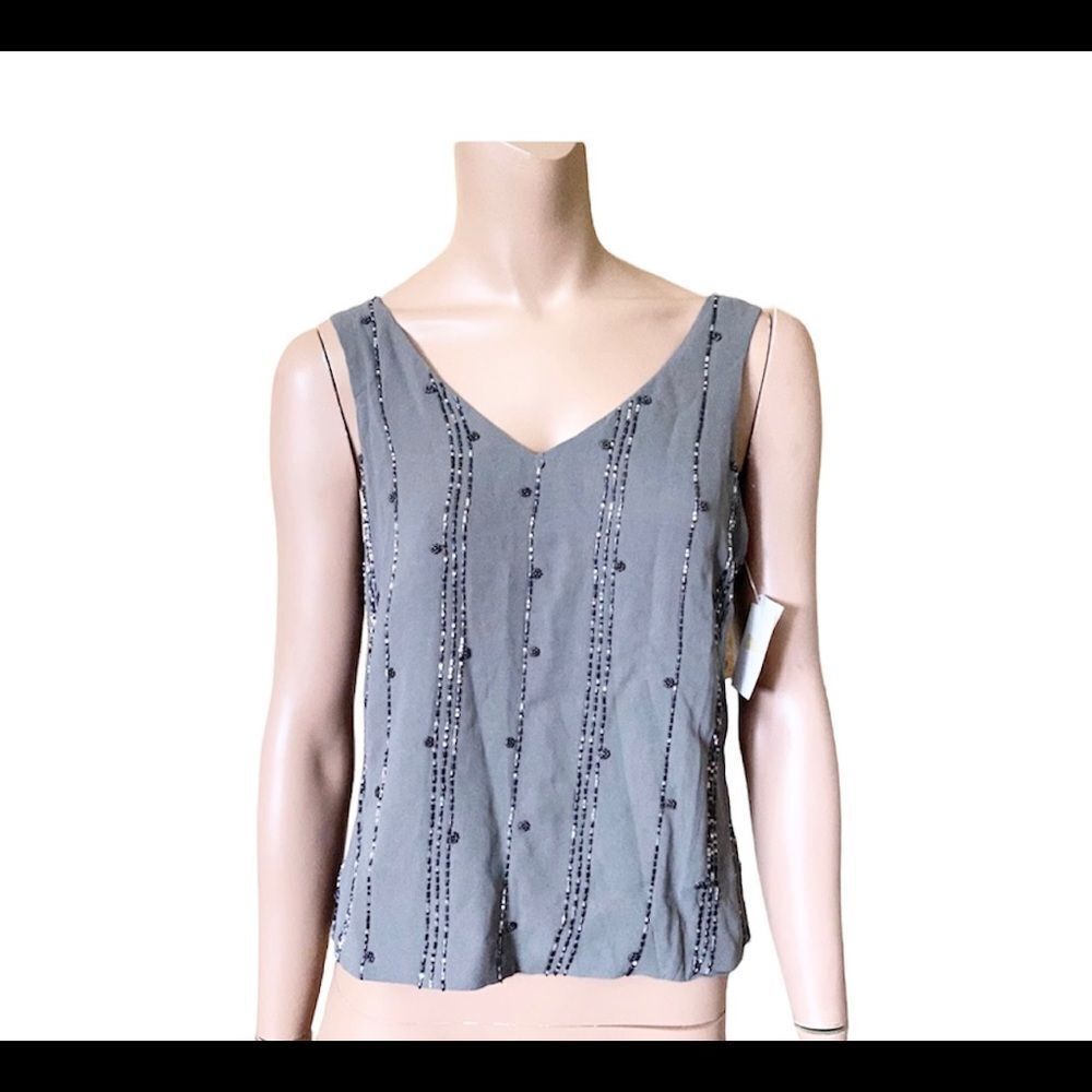 NEW HYPE  Y2K charcoal 100% silk beaded sequins V neck blouse S